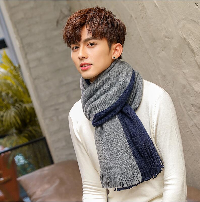 Pañuelo y grueso para hombre, bufanda de lana tejida, para estudiantes jóvenes, color azul marino, vino tinto, invierno,: Navy blue and grey