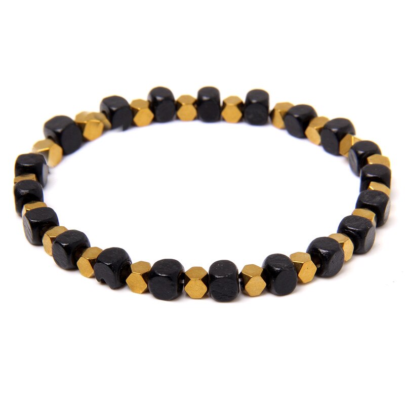 Cube Vierkante Steen Tiny Bead Armband 4Mm Hematiet 5.5Mm Houten Handgemaakte Armband Mannen Vrouwen Klassieke Creatieve Sieraden: 4.Golden Color / 19 cm