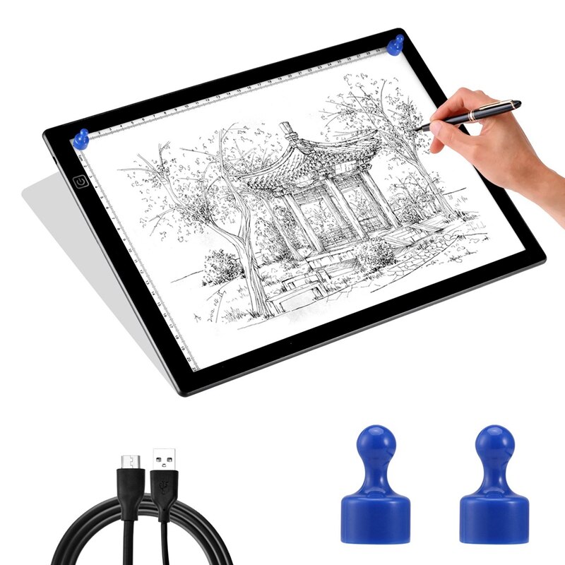 A4 Dimmable LED Drawing Copy Pad with Scale USB Power Light Pad Ultra Thin for Painting Writing Animation, Sketching