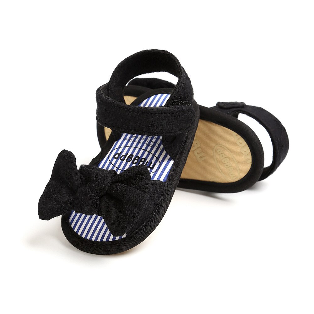 Novedad de verano, sandalias para niñas pequeñas, lindos lazos florales de encaje, zapatos para niñas pequeñas, sandalias de algodón suave con suela para bebés de Color sólido, zapatos para bebés: Black / 13-18 meses