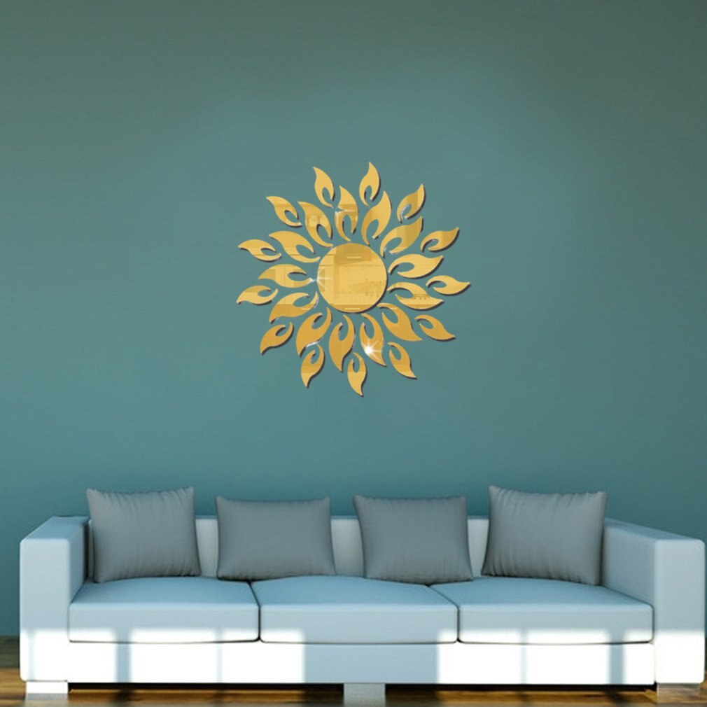 Gold Zon Bloem Acryl Spiegel Muurstickers Diy Art Wall Decor Muurstickers Spiegel Muur Sticker Home Decor Woonkamer