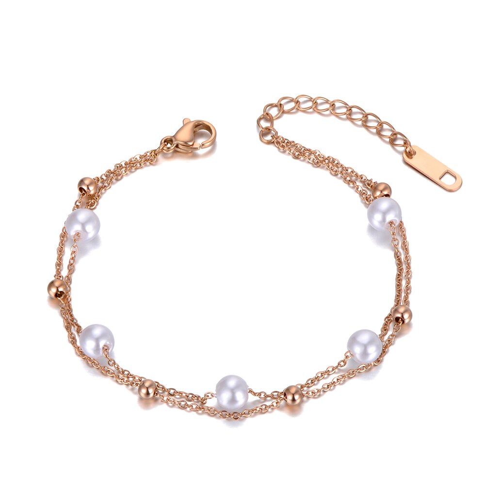 Lokaer à la Double couche blanc perle breloque Bracelets pour femme bohême acier inoxydable lien & chaîne plage Bracelet B20013: Or Rose Couleur