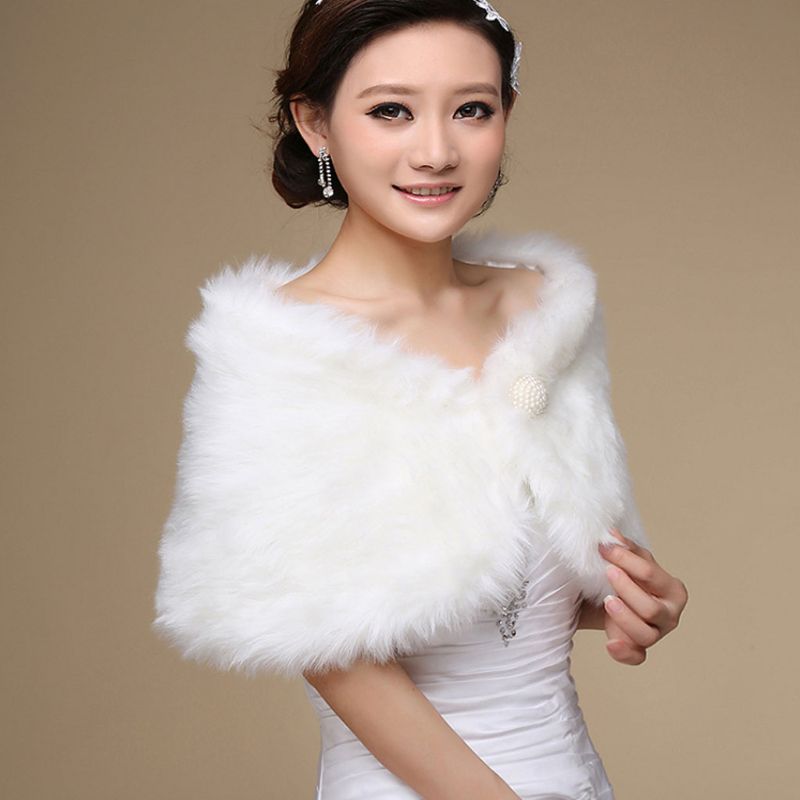 Womens Wit Faux Fur Bruids Wrap Stola Sjaal Cape Bruiloft Kunstmatige Parel Bal Versiering Winter Jasje Bolero