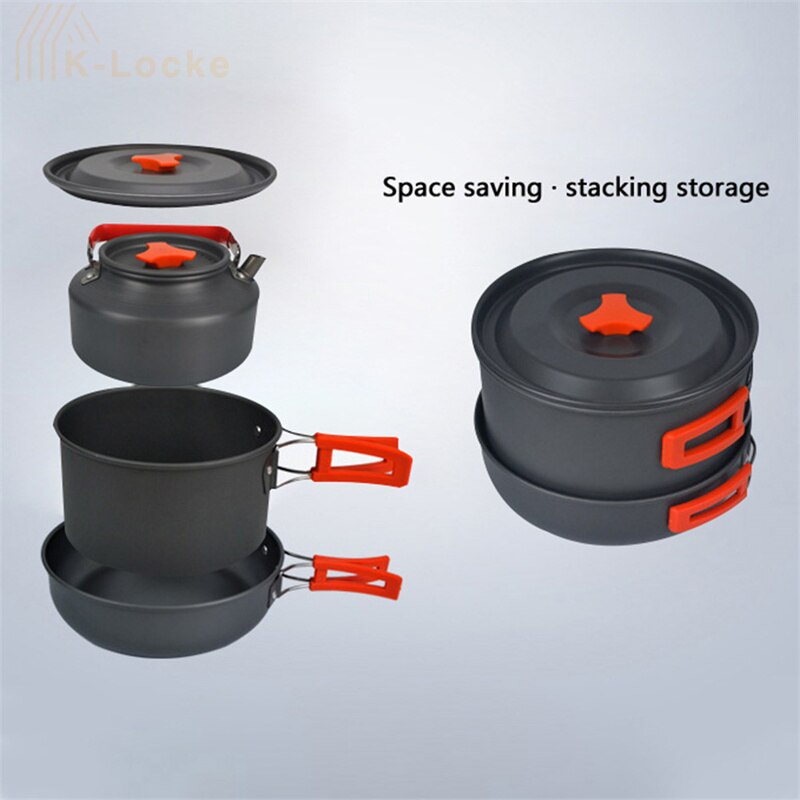 Portable Camping Cookware Kit Outdoor Aluminum Cooking Pot Set Water Kettle Pan Pot Folded Travel Hiking Picnic BBQ Tableware