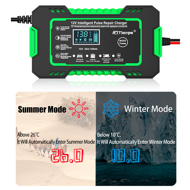 12V 6A Vollautomatisches Autobatterieladegerät Power Pulse Repair Ladegeräte Nass Trocken Blei Säure Batterieladegeräte Digitales LCD-Display