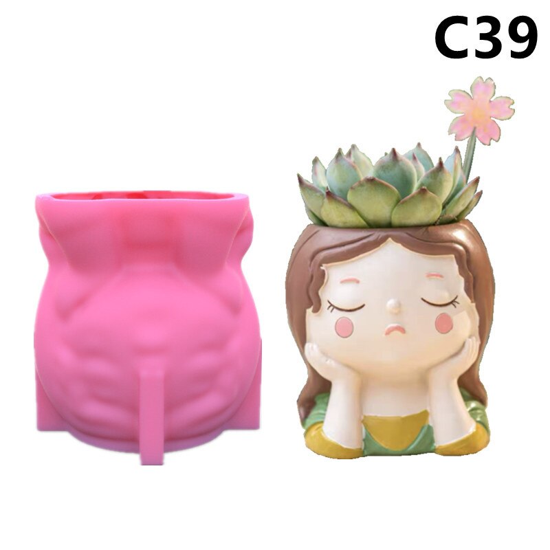 Sweet Girls Clay Flowerpot Silicone Mold Art Sculpture Flower Pot Concrete Cement Resin Molds Pen Storage Box Making Mould: C39