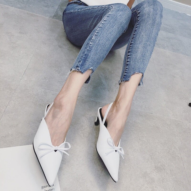 pointed toe beige casual cheap ladies mid heels shoes scarpin bow thin pumps black slingback korean stiletto medium: White / 35