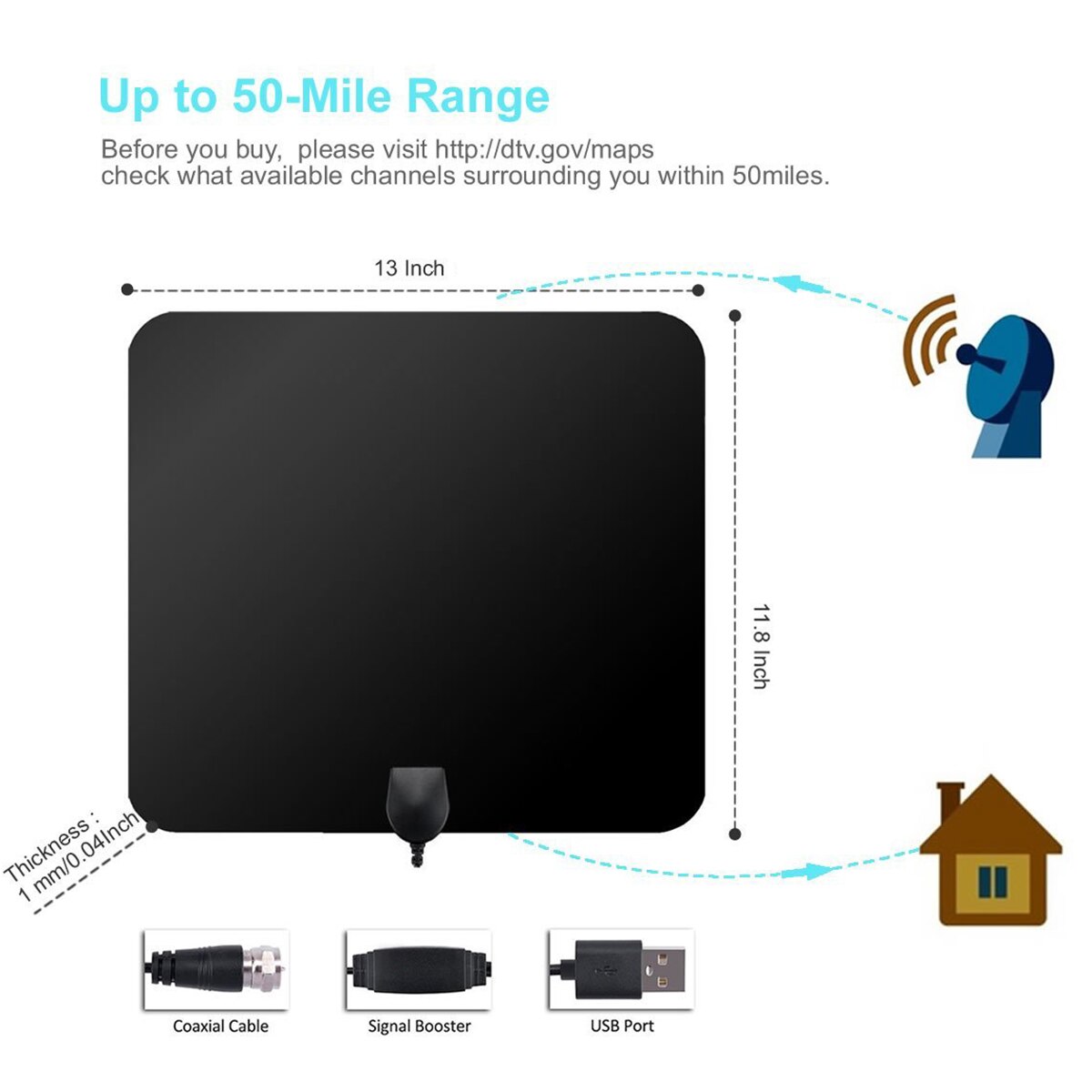 Antena de TV HDTV 1080P para interiores, amplificador Digital HD de larga distancia de 80 millas con adaptador IEC, Manual de usuario