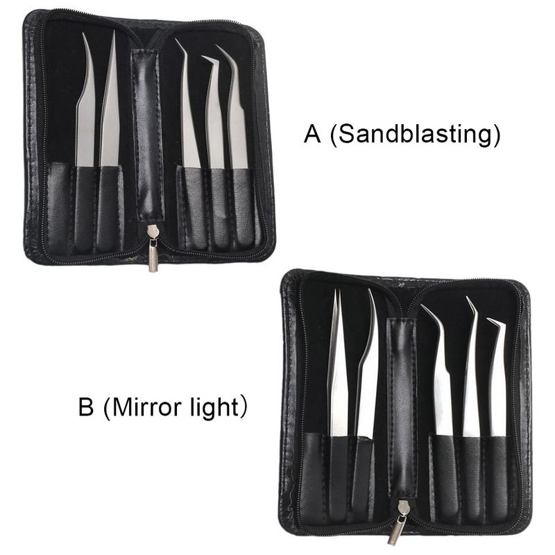 5Pcs Rvs Anti-Statische Wimper Pincet Tool Kit Met Lederen Case Enten Wimper Extension Pincet Wenkbrauw Pincet