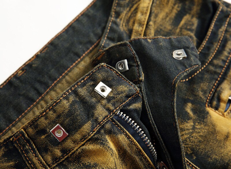 KH Men's Jeans Pleated Motorcycle Biker Denim Pants Men Slim Elastic Yellow Punk Trousers Plus size 28~42
