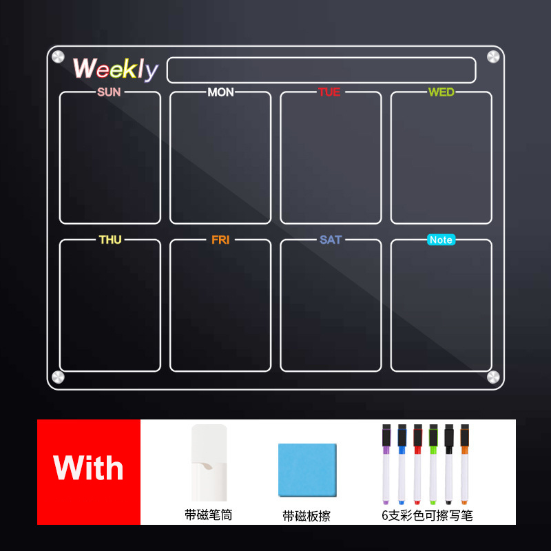 Acrylic Magnetic Whiteboard, Clear Dry Erase Menu Board for Refrigerator, To-Do/Shopping List Magnetic Planner, Meal Planner: black