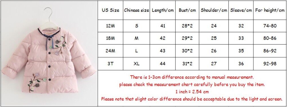 Children Outerwear Winter Warm Baby Girls Coat Infant Baby Parkas Thick Kids Clothes With Flowers Appliques pink green 0-3Y