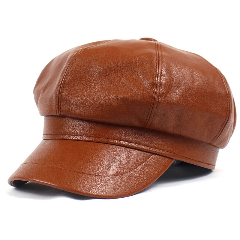 Lanxxy Autumn Winter Newsboy Caps for Women Vintage Solid Leather Beret Cap Casquette Hats Female: dark orange