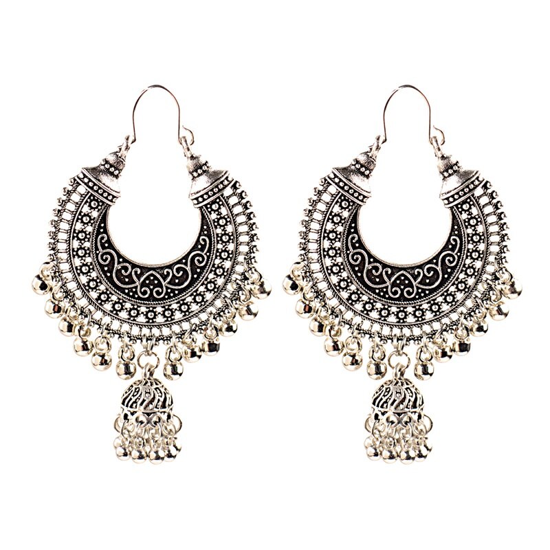 Ethnic Women&#39;s Silver Color Round Flower Hollow Jhumka Stud Earrings Boho Indian Jewelry Egypt Carved Tassel Earrings Femme: 097-2