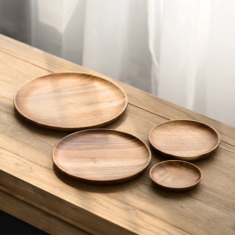 Plato redondo de madera de Acacia hecho a mano, plato de Sushi, postre, fruta, pan, sopa, juego de vajilla