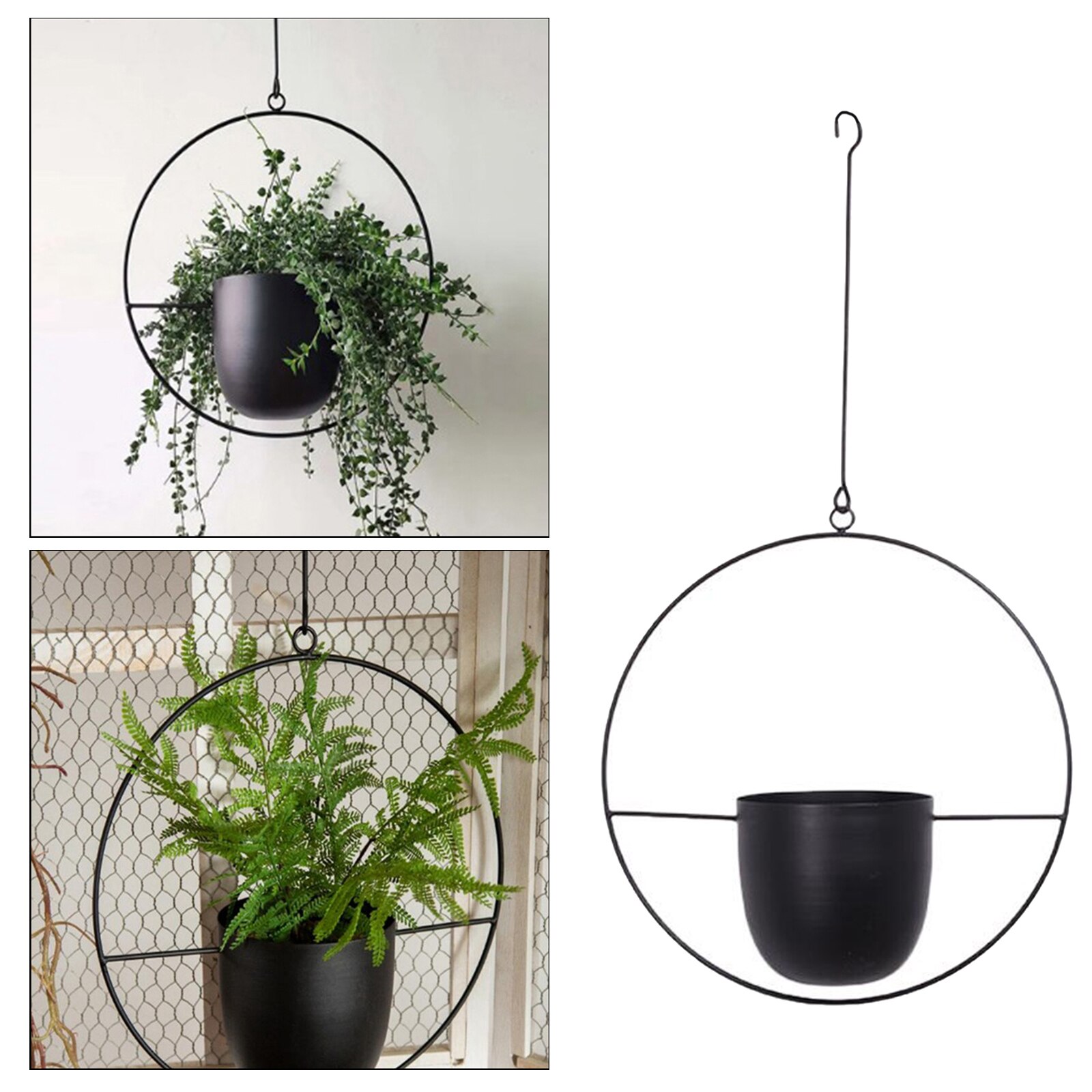 Metal Hanging Plant Planter Mini Pot Decoration Wall Hanging Garden Balcony Flower Vase Patio Front Porch Basket: black round