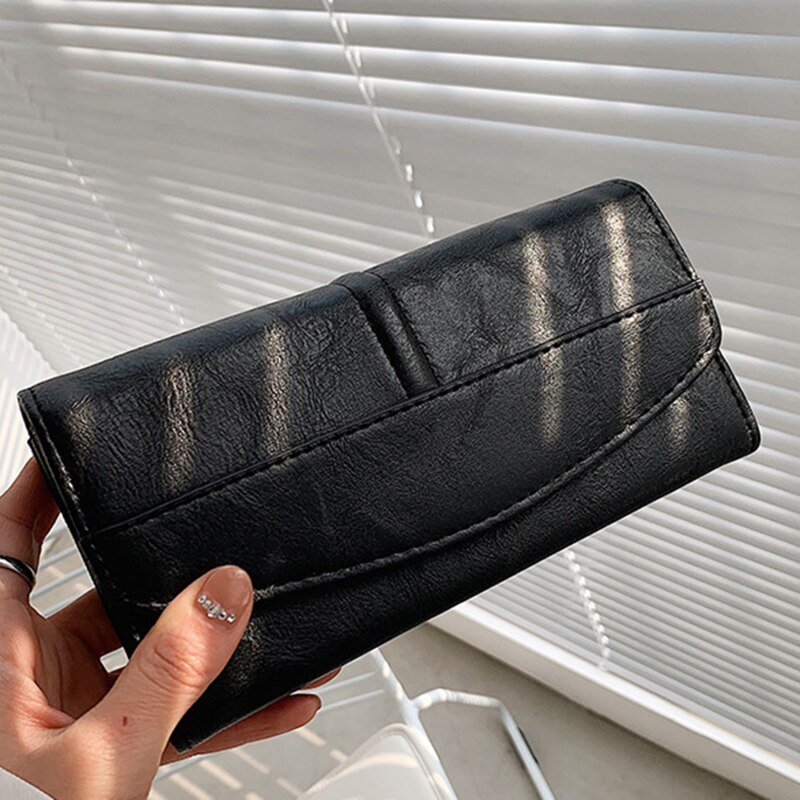 Cartera Vintage de piel sintética para mujer, billetera larga con compartimiento para tarjetas de notas y fotos, monedero de bolsillo con broche: black