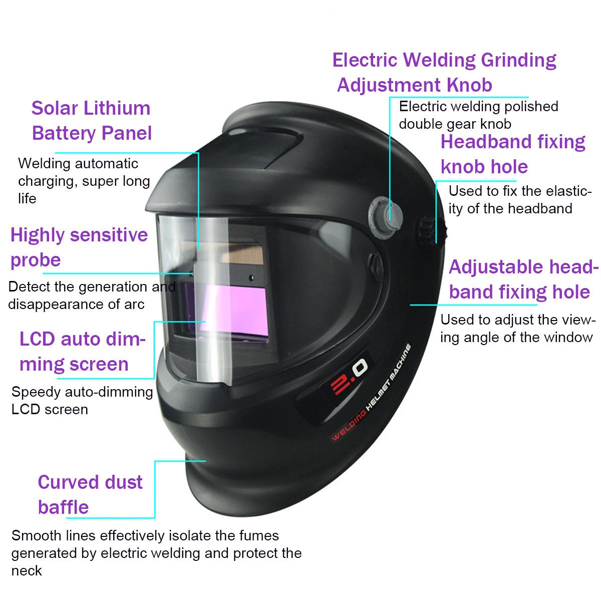 Solar Automatic Welding Helmet Autodarkening Welding Mask Lithium Battery DIN9-13 TIG MIG 4 Arc Sensor 92x42mm Big View