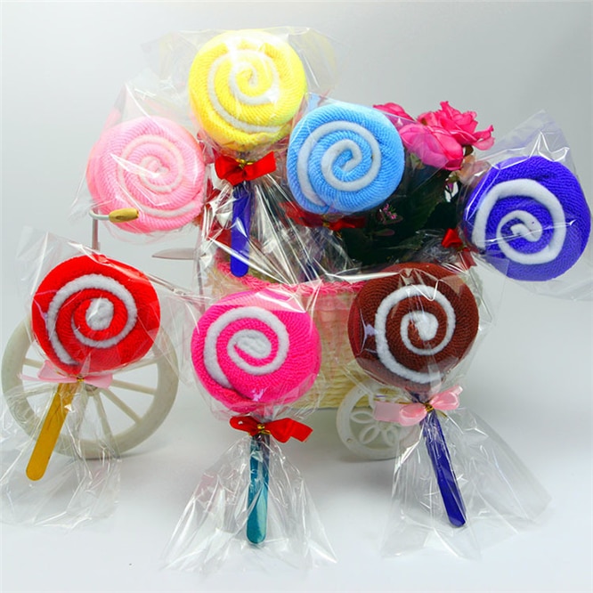 Toalla de algodón para pastel de piruleta, dulces de colores, , toalla encantadora para guardería, de cumpleaños y boda, 20 unids/lote