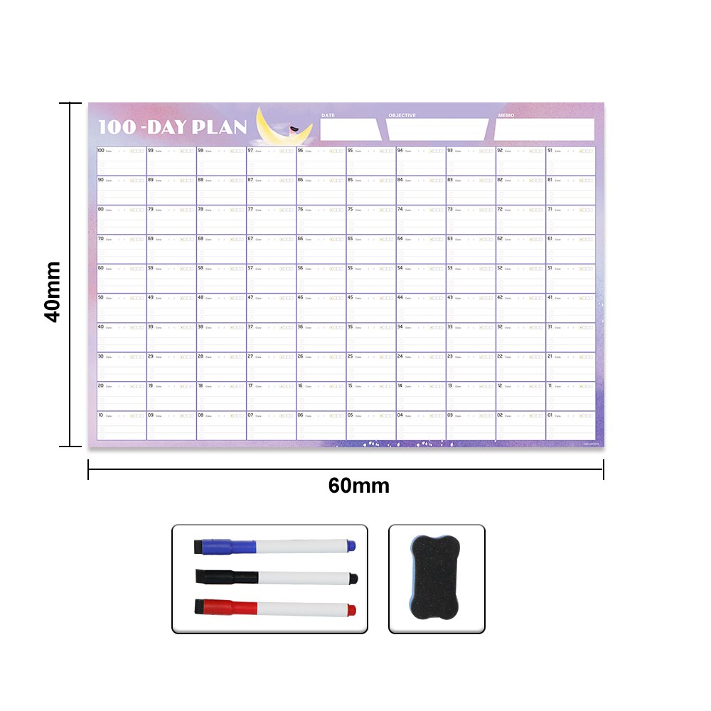 Calendar Sticker 100 Days Agenda Schedule Wall Calendar Daily Behavior Chart Waterproof Weekly Month Planner Goal Organizer: 6040ZLB17