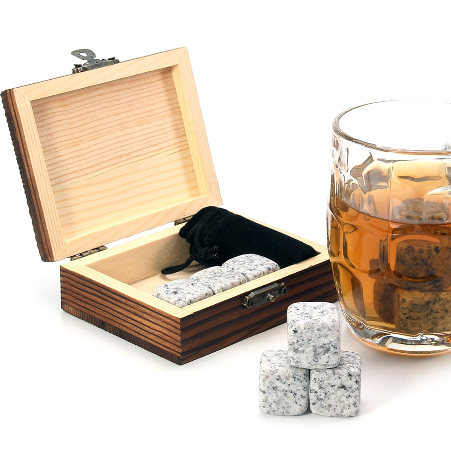 Whisky Stenen Set - 9 Graniet Whisky Rotsen/Houten Doos/Fluwelen Zakje/Herbruikbare Cooling Ijsblokjes