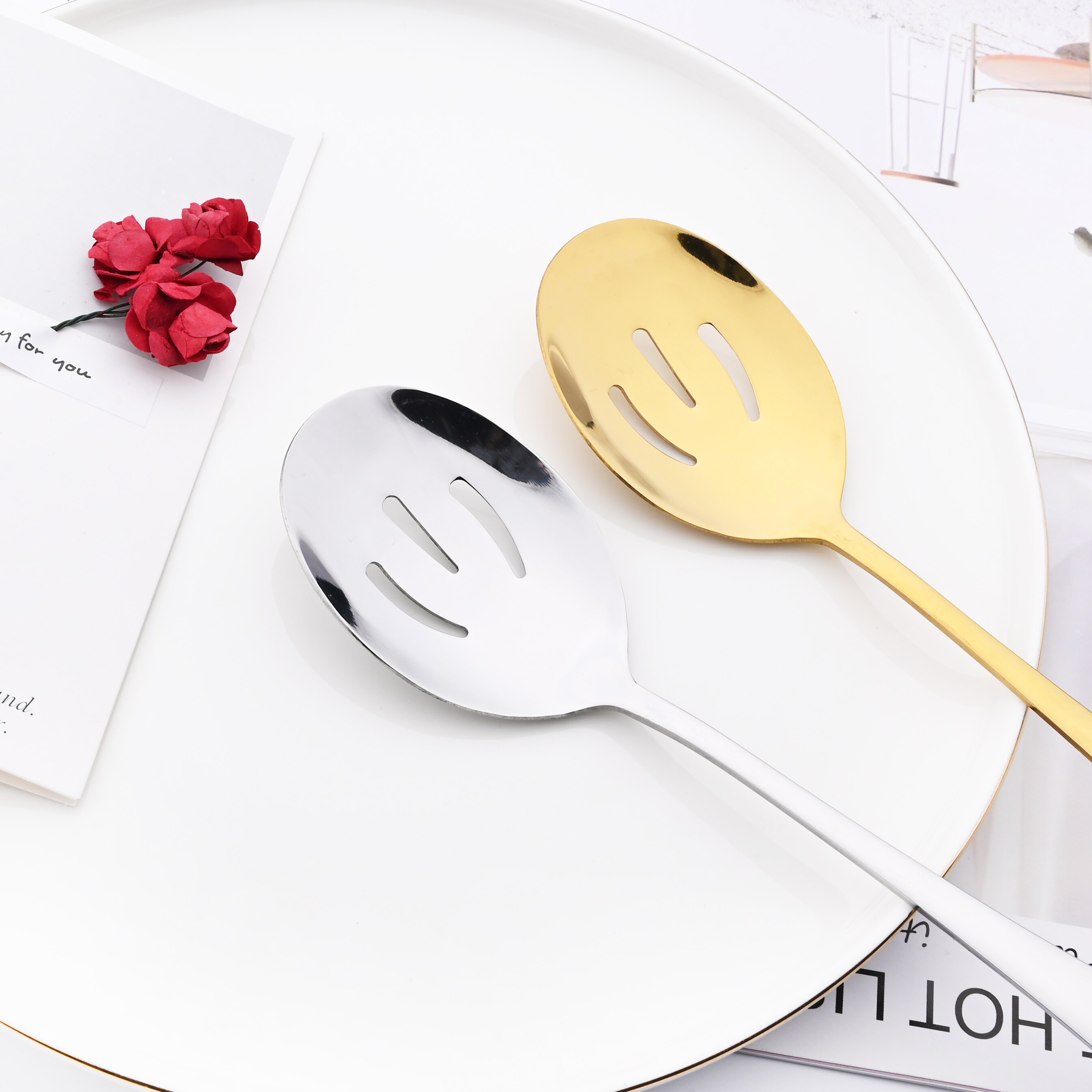 4Pcs Silver Dinnerware Set Stainless Steel Cutlery Serving Utensils Buffet Catering Flatware Serving Colander Spoon Flatware Set