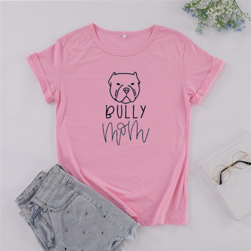 Camiseta de manga corta con cuello redondo para mujer, camisa UNISEX con estampado de Bully dog mom, 100% algodón, Harajuku,