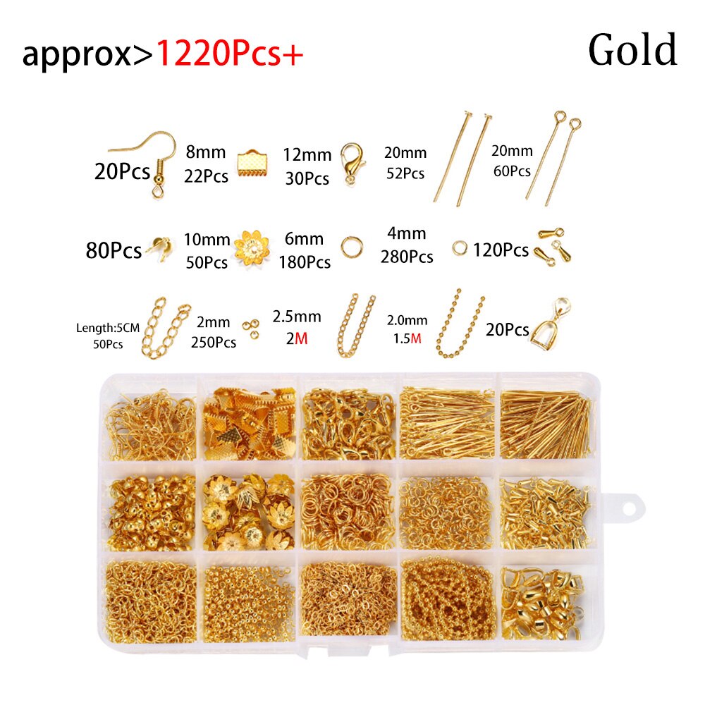 1220Pcs Sieraden Maken Set Ringetje Karabijn Pin Keten Oorhaak Voor Diy Hanger Sieraden Maken Kit Levert accessoires: Gold