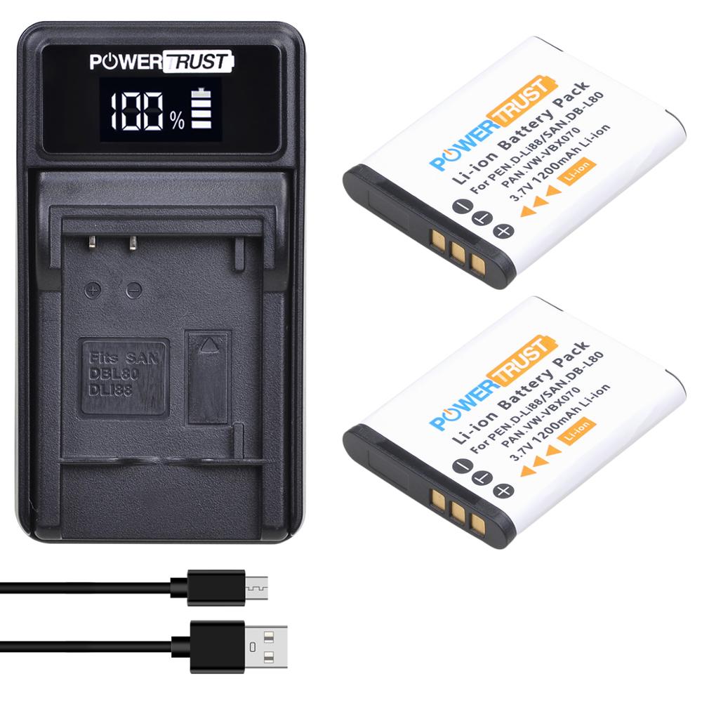 PowerTrust D-Li88 DB-L80 VW-VBX070 Camera Battery + LED USB Charger for Sanyo VPC-CG10 VPC-CG20 For PENTAX VPC-CG88 CG100: 2battery and charger