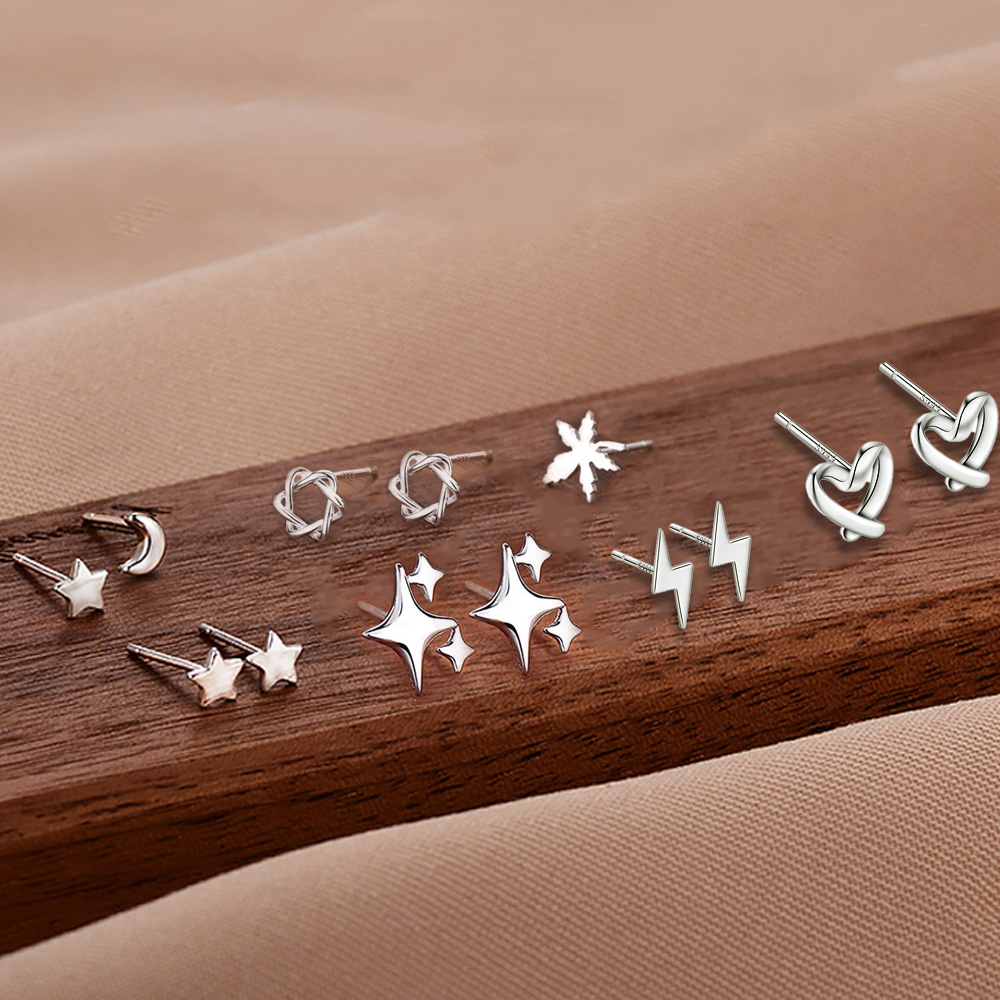 Pendientes hipoalergénicos de Plata de Ley 925 para mujer, Luna, estrella de David, hoja de arce, corazón, relámpago, joyería S999
