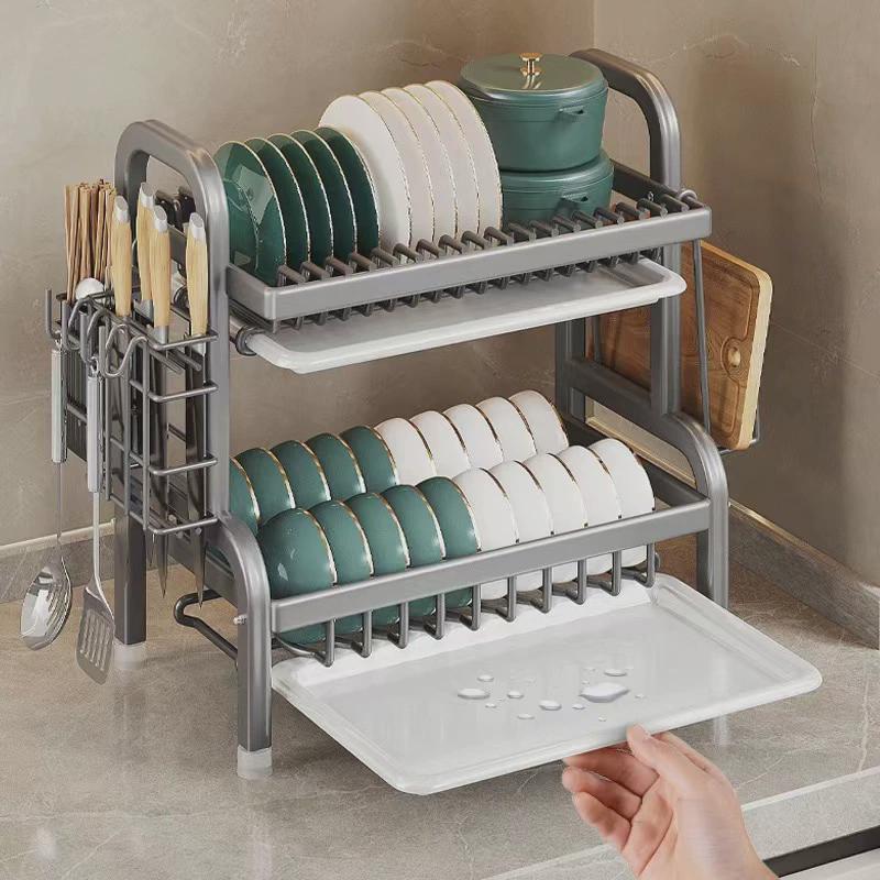 Stainless Steel 2-Tier Dish Drying Rack Large Rust-Proof Compact Kitchen Drainboard With Utensil Holder