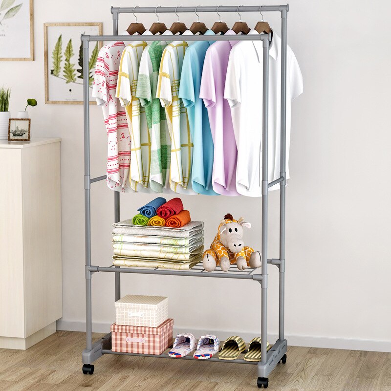 Mrosaa Stainless Steel Drying Racks Balcony Double Pole Floor Drying Home Living Room Bedroom Hangers Coat Rack Clothes Rod: Gray