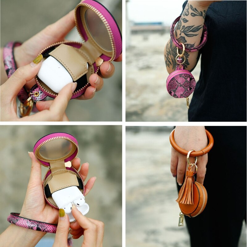 Vrouwen Oordopjes Sleutelhanger Armband Tas Lederen Polsbandje Cirkel Sleutelhanger Bangle Koptelefoon Kwastje Mini Portemonnee Met Make-Up Spiegel