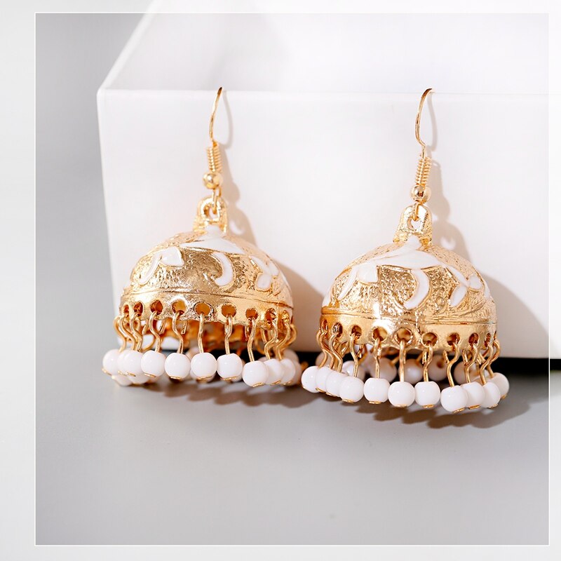 Gypsy Jewelry White Beads Tassel Jhumka Earrings For Women Pendiente Bohemian Ethnic Flower Leaf Shape Bells Earrings: Style 2