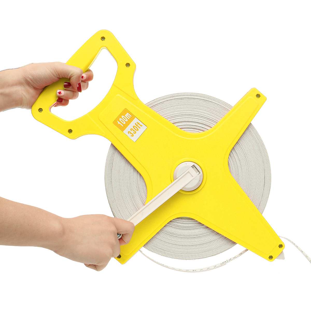 Durable 100M Fiberglass Open Reel Measuring Survey Tape Metric Imperial Measure