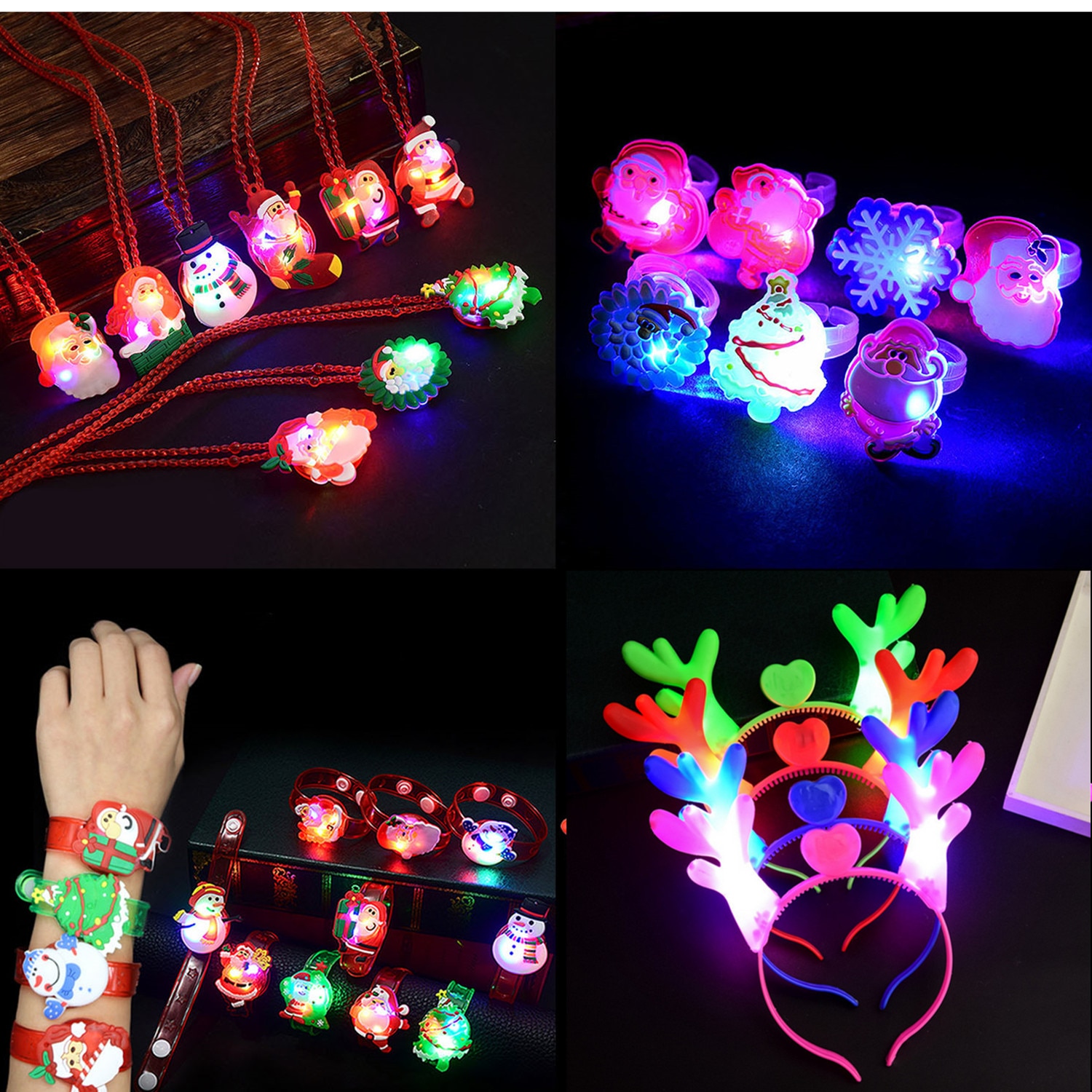 Kinder 24PCS Cartoon Weihnachten Glühende Finger Ring Funkelnde Armband Led Blinkt Halskette Leucht Deer Stirnband Weihnachten Decor Spielzeug