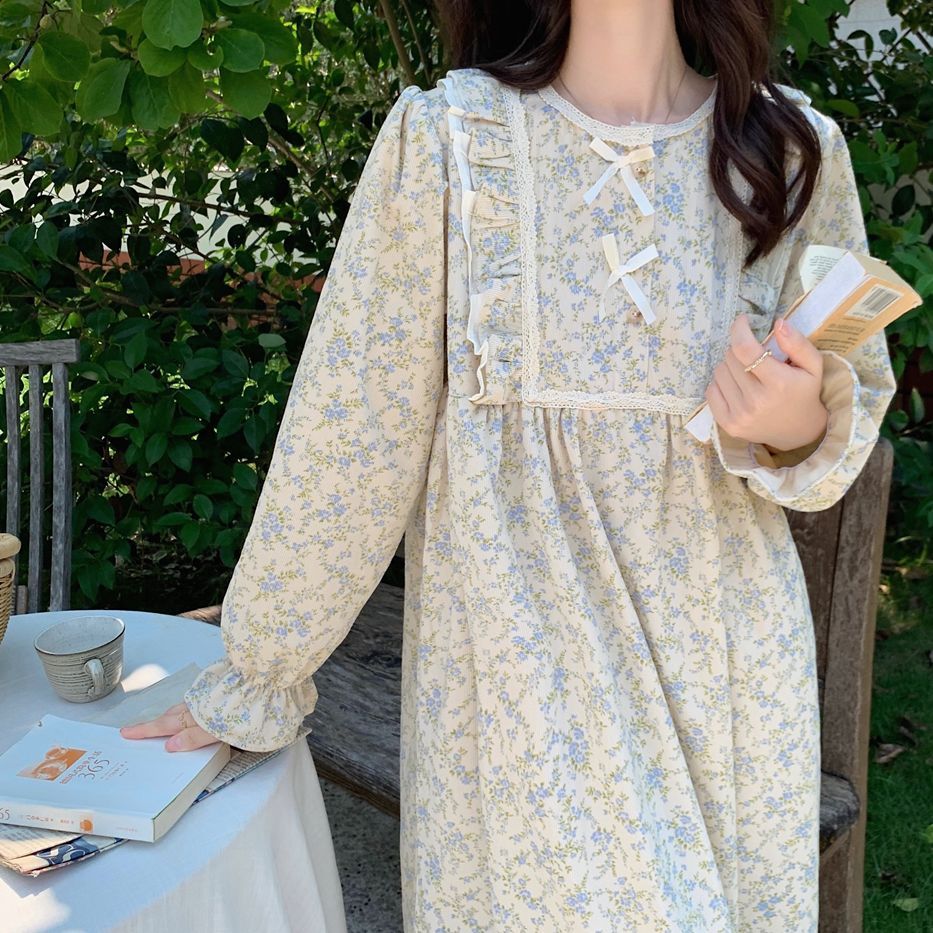 Floral Print Nightgown Sleepwear Womens Korean Style Ruffles Night Dress One Piece Pajamas Autumn Long Sleeve Bow Home Wear