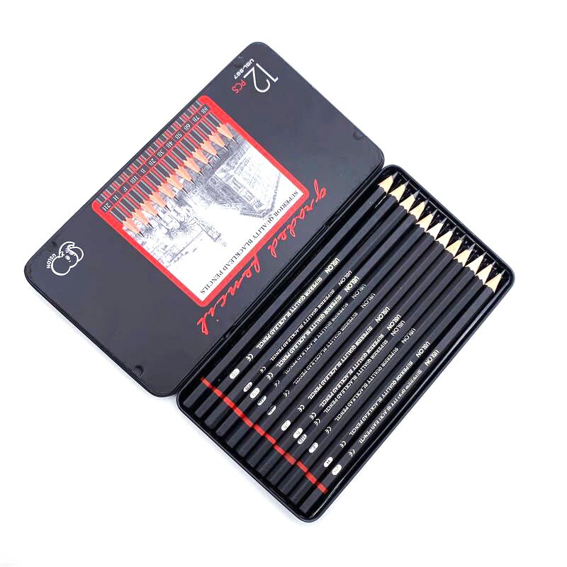 12 PCS/LOT Drawing Pencils Set 2H-8B Graphite Pencils Wooden Lead Pencils Set for Writing School Art Supplies Stationery: 12 PCS Metal Box