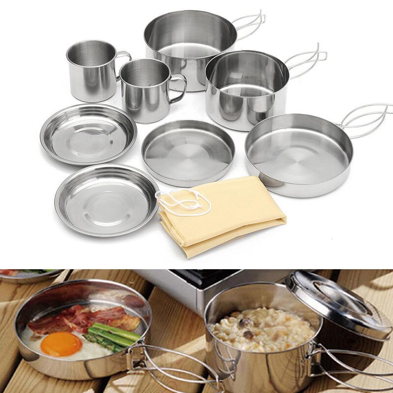 Stainless Steel Cooking Pots Set - Camping Hiking Picnic Garden Barbecue BBQ ... Outdoor Sport Cookware Set