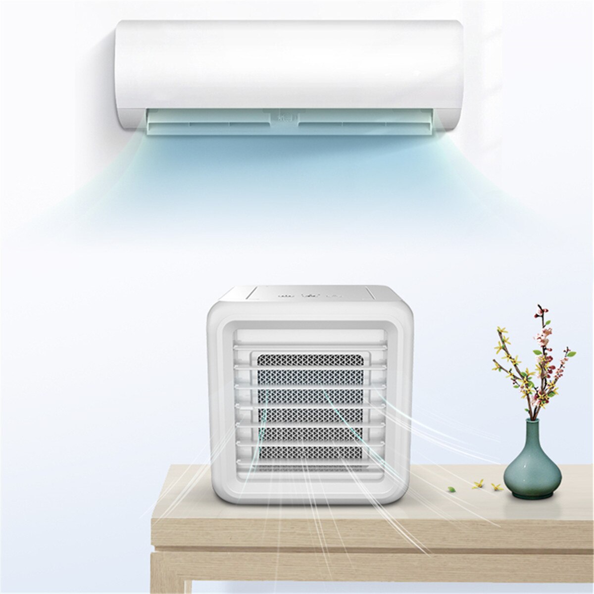 Mini Draagbare Airconditioner 7 Kleuren Licht Airconditioning Luchtbevochtiger Luchtreiniger Usb Luchtkoeler Ventilator Met 2 Water Tanks Voor thuis