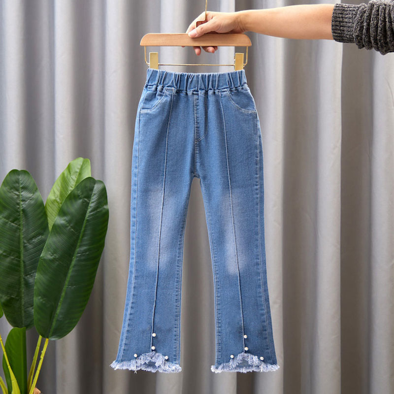 Jeans en dentelle perlée pour adolescentes, pantalons en denim pour filles, pantalons monochromes à la taille pour enfants, bas à cloche décontractés, nouvelle: Or / 16