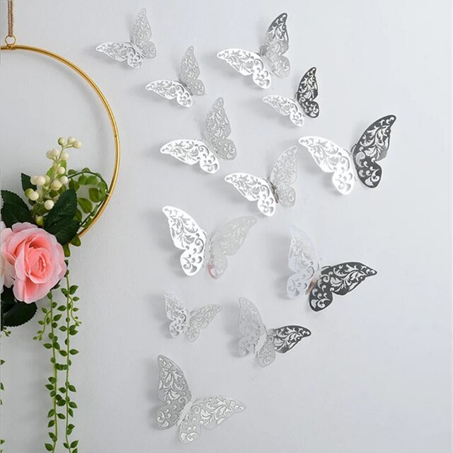 Autocollants muraux papillons en cristal effet 3D, 12 pièces/lot, beaux autocollants muraux pour chambre d'enfants, décoration de la maison: Silver 5