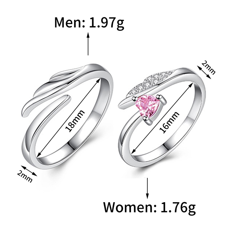 Zirkoon Hart Wings Paar Ringen Voor Liefhebbers Vrouwen Mannen Zilveren Open Verstelbare Man Vrouw Engagement Wedding Ring Mode-sieraden