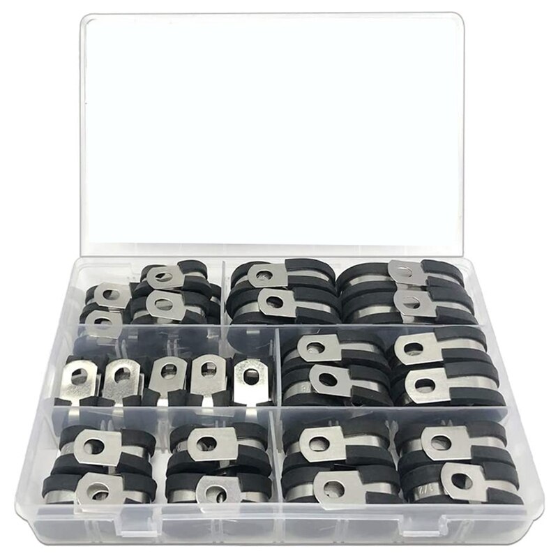 54Pcs Cable Clamps Assortment Kit, Stainless Steel Rubber Cushion Pipe Clamps in 6 Sizes 3/4Inch 5/8 Inch 1/2 Inch ETC