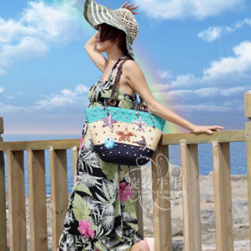 Bohemian hand-embroidered starfish straw bag beaded woven handbag shoulder bag
