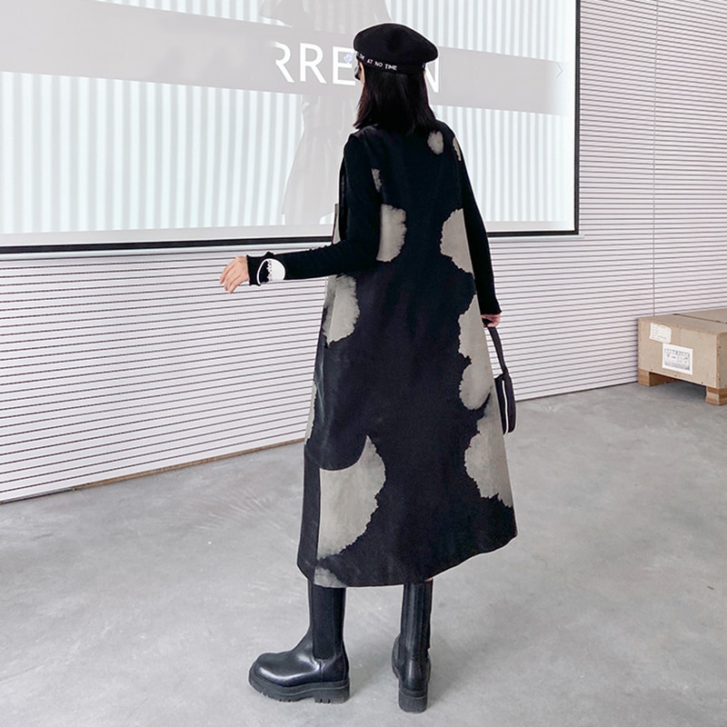 [EAM] vestido de temperamento largo estampado con negro para mujer, cuello redondo sin mangas, ajuste suelto, Primavera otoño 1DA260