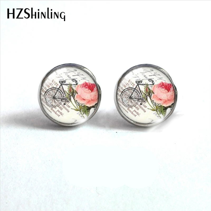 Pendientes de tuerca de vidrio de acero inoxidable para bicicleta, joyería de de oreja de cabujón de vidrio, libro de flores Vintage: Blanco / Color amarillo claro