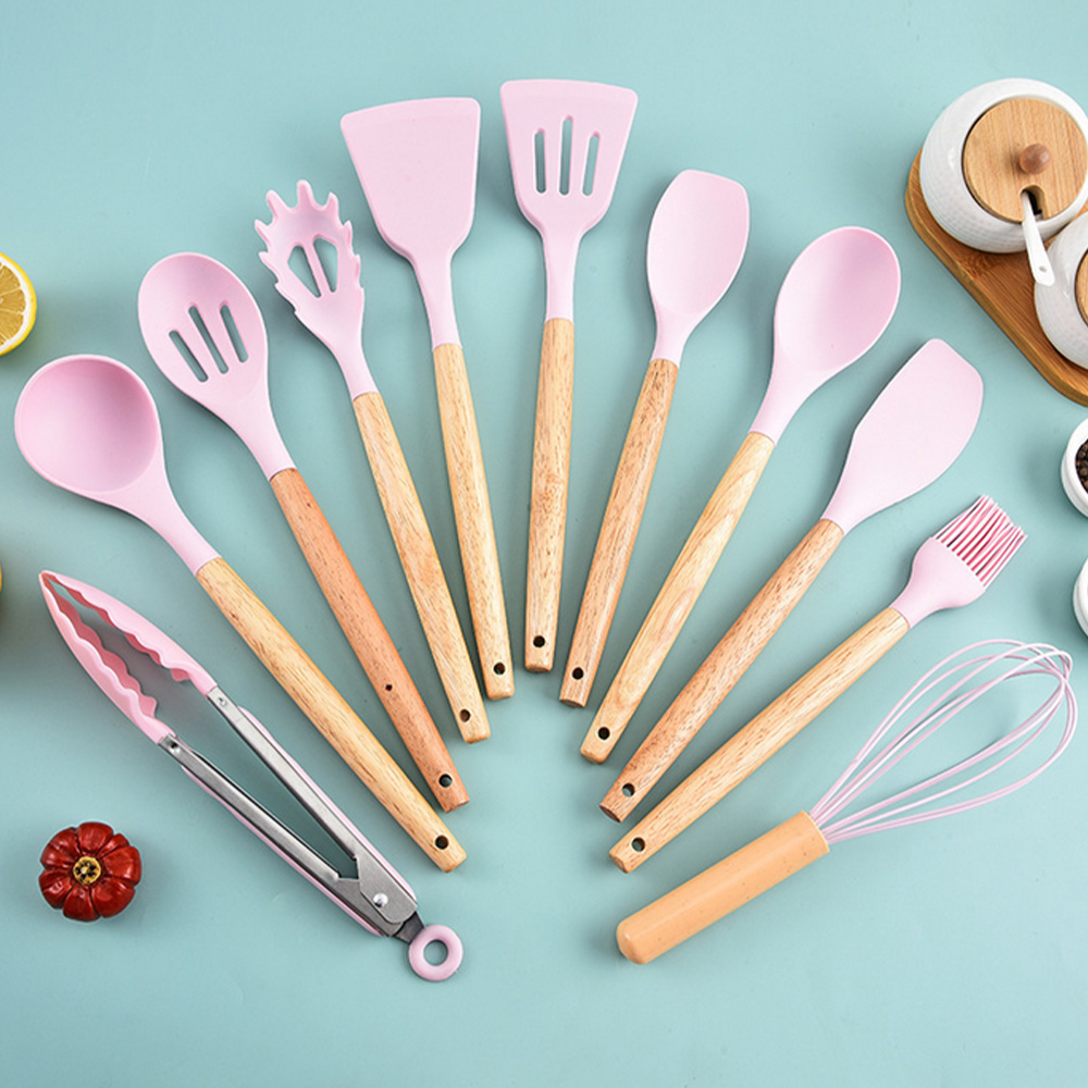 12 Stuks Siliconen Keukengerei Non-stick Kookgerei Keukengerei Set Spatel Schop Eikloppers Houten Handvat Koken Tool set