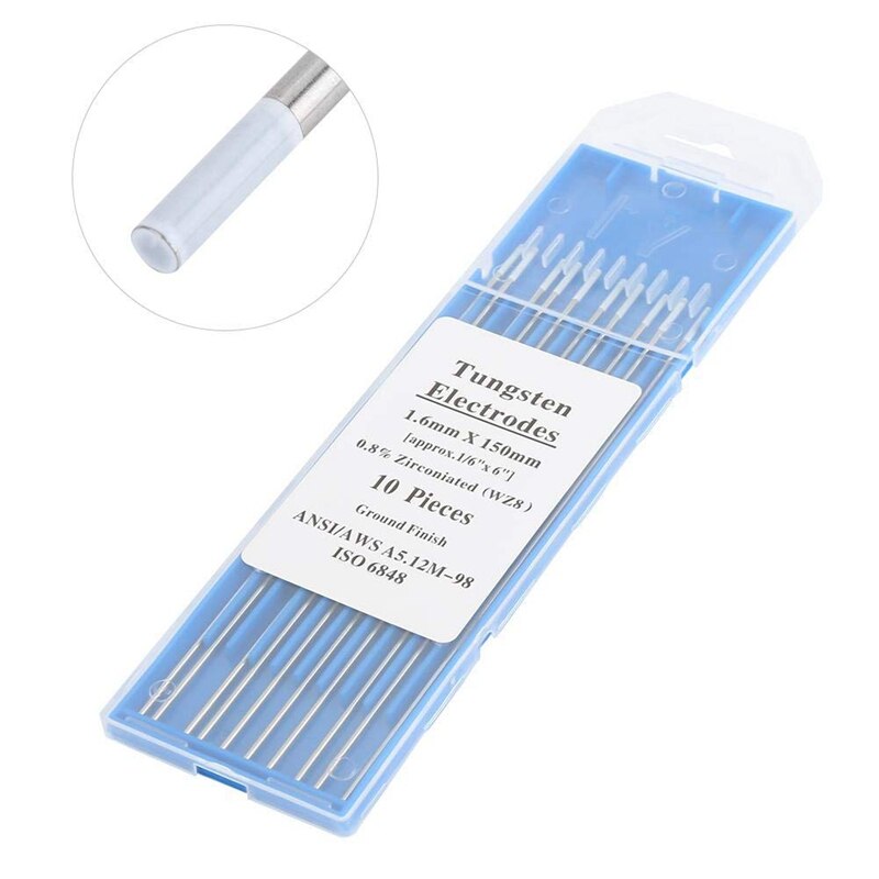 10 Uds. Electrodos de tungsteno zirconiado 1,6mm WZ8 punta blanca para soldadura Tig AC blanca (1.6mm150mm)