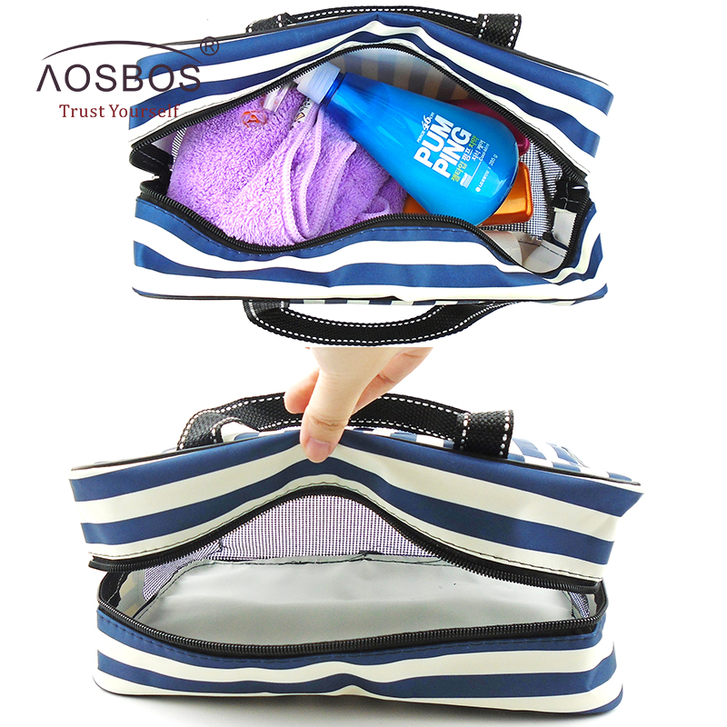 Aosbos Neue Mesh Gestreiften Kosmetik Taschen Große Kapazität Wasserdichte Oxford Toiletten Tasche Tote Frauen Männer Reise Veranstalter Make-Up Tasche